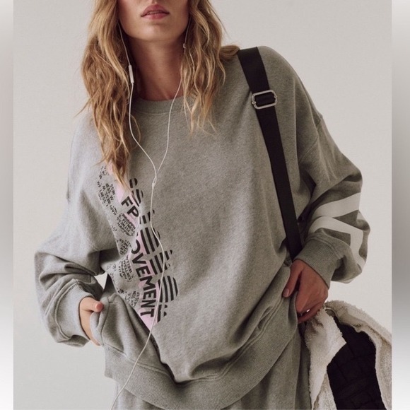 FP Movement Tops - FP Movement Free People Gray Graphic Varsity Stripe Sweatshirt Small